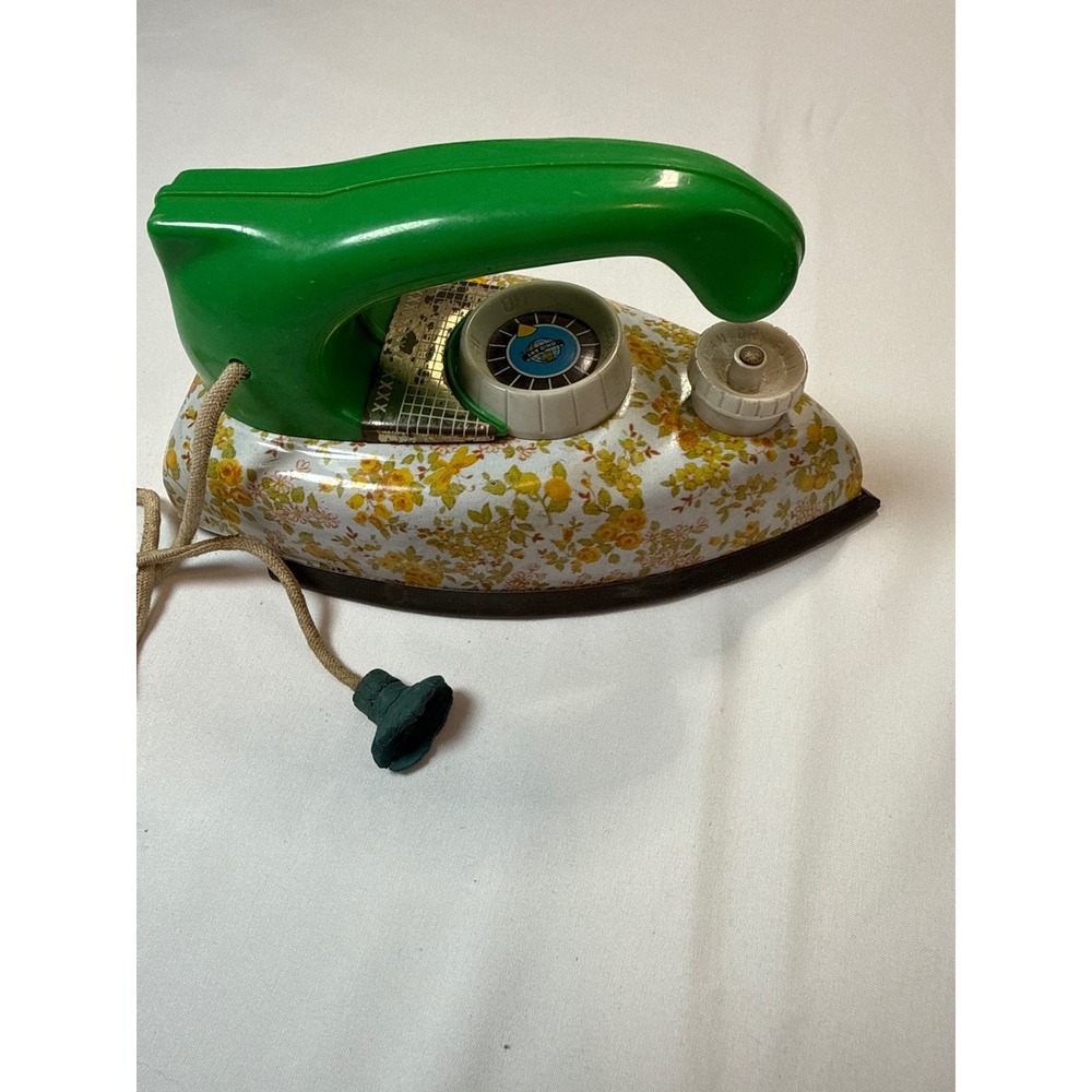 Vintage Ohio Art Toy Iron Yellow Floral Tin Green Handle Litho USA Made Retro